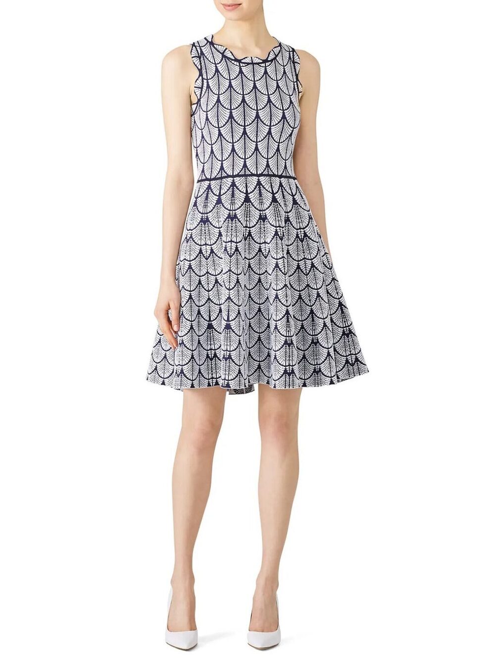 John + Jenn | Revolve Jane Navy Scalloped Art Deco Knit Fit Flare Dress Sz L